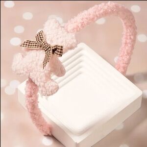 Teddy Bear Plaid Bow Headband - Pink